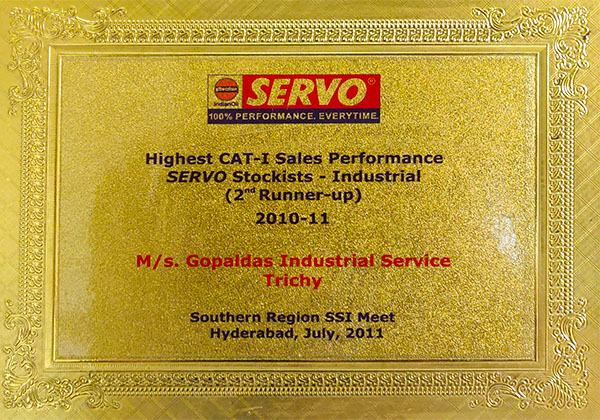 Highest CAT-I Sales Performance SERVO Stockists - Industrial (2nd Runner-up) 2010-2011